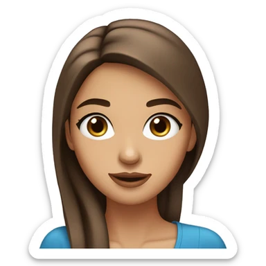 A woman with big round blue eyes, long thick brown straight hair, full lips, thin eyebrows, tanned skin, small straight nose sticker