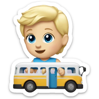 Baby playing with a toy bus blue eyes and blonde hair  sticker