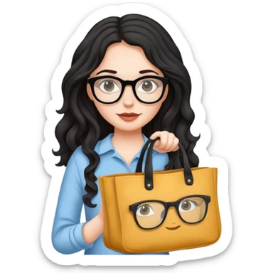 A white girl with black wavy long hair, wearing Wearing glasses and Crossing a tote bag sticker