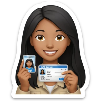 long hair black girl holding a driver license sticker