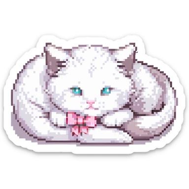 cute fluffy white kitten with a light pink bow, curled up sleeping, pixel art style sticker