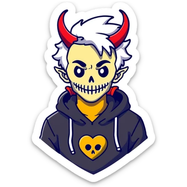 man with white and black messy hair, half face black, red horns with eyes, black hoodie fading to white, red wings, skeleton dragon behind neck, yellow heart lock necklace sticker