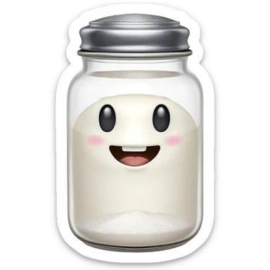 A mischievous anthropomorphic salt jar with transparent glass body and metal lid sticker