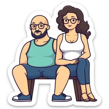 caucasian bald man with glasses and caucasian woman with no glasses, long curly dark hair and massive boobs and a tank top. Her hand is on his leg.  sticker