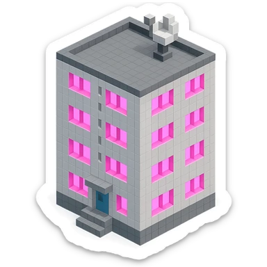 Russian panel apartment building, square block, light gray, pink glowing windows, visible entrance, satellite TV dish on the roof, isometric view sticker