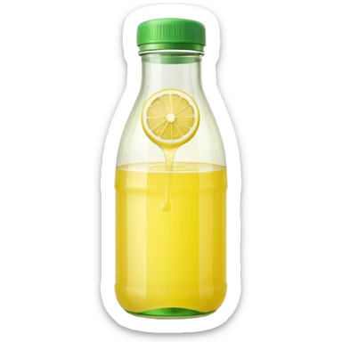realistic lemon juice bottle, transparent, pale yellow juice, lemon-shaped or curved plastic, light translucent, green or yellow cap, clean minimal, no branding, no glass, no lemon slices, no background, no faces, clean 3D, soft lighting, transparent background, emoji scale sticker