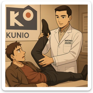 fai un webtoon manga a colori con questo stile, in cui un uomo è steso sul lettino medico e il kinesiologo con il camice bianco (fagli anche la scritta "ANTONIO ANANIA" SUL CAMICE, gli solleva una gamba per fargli il test neuromuscolare, IL KINESIOLOGO SPIEGA ALL'UOMO UNA cosa mentre gli alza la gamba. non fare i fumetti però, fai solo in modo che sembri stiano parlando sticker