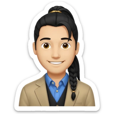 black long pony tail hair man with polite outfit smile warmly sticker