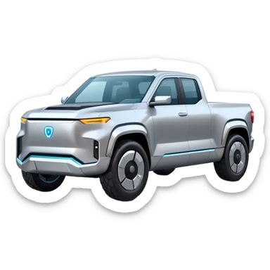 A futuristic electric pickup truck emoji, silver chrome body, angular cyber design, smooth metallic panels, subtle reflections, minimalistic proportions, iOS emoji style, centered composition, clean white background, soft lighting sticker