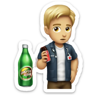 A picture of an angry boy drinking the soda “Doctor pepper” sticker