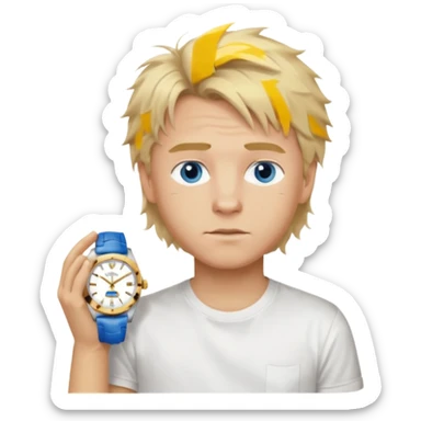 Create a look for a blond boy with long, tousled hair, light eyes, a white t-shirt, a wealthy appearance, blue eyes, and accessories like a Rolex or Cartier watch, and a cute face with messy hair down. sticker