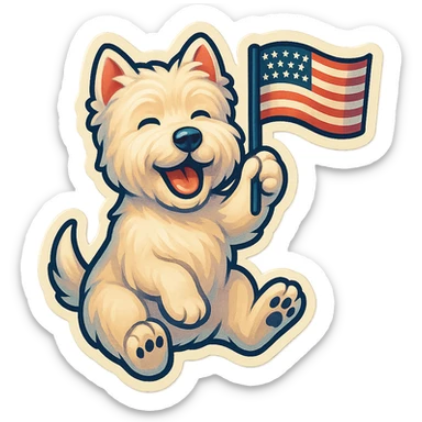 happy Westie dog waving a small US flag, retro sticker style sticker