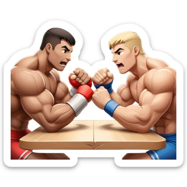 Two strong competitors locked in an intense arm wrestling match, muscles tensed as they battle for victory. The table is well-lit, showcasing their focused expressions and powerful arm grips. The background features a competitive arena with a cheering crowd. Transparent background. sticker