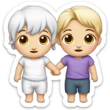 two crying white babies holding hands, one has purple hair sticker