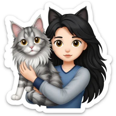 a silver based Maine Coon cat holding a black hair girl sticker
