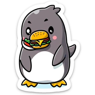 penguin eating a large hamburger sticker