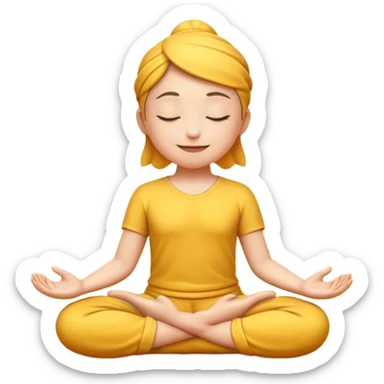 A 3D Apple-style yellow round emoji sitting in a lotus position, eyes gently closed, calm and peaceful smile, hands resting on knees with palms facing upward, relaxed eyebrows, soft glow around the emoji to symbolize inner peace, clean minimal background. sticker