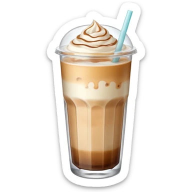 An iced latte in a transparent matte glass, showing how the milk and coffee mix, with ice touching the inner walls of the glass, and a clear lid with a transparent straw on top. Use soft and pastel tones. sticker