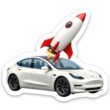 Tesla model 3 white with small rocket mounted flat on roof for extra propulsion sticker