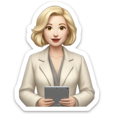 pale skin woman with ash blonde Straightened bob Hair, White Spacious classical jacket, beige palazzo Arrow pants and gray blouse holding a IPad Pro 12.9” in the hands sticker