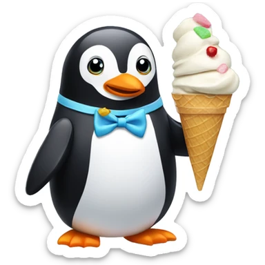 Penguin with a bow tie eating an ice cream sticker