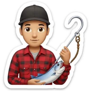 vit Ung man med svart keps röd gul rutig flanellskjorta hållandes en båtshake med stor torsk sticker