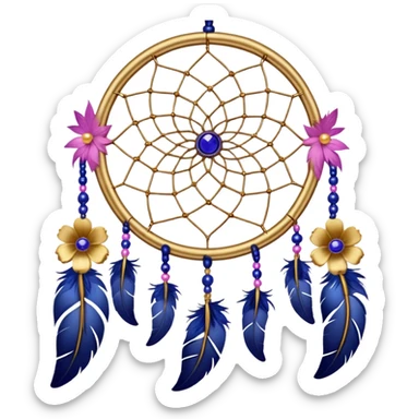 A gold-framed Dreamcatcher. with yellow metal flowers, blue beads, indigo beads, purple beads, pink feathers hanging down sticker