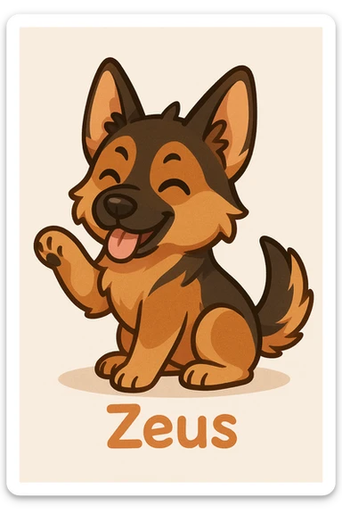 Create a chibi sticker of a playful German Shepherd dog inspired by the left dog in the reference photo. Include the name 'Zeus' in a cute font. Use a simple background suitable for chibi stickers style. sticker