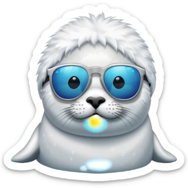 A fluffy, all white, tiny Seal having fun in lake while wearing sunglasses sticker