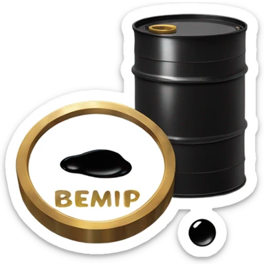a black barrel of oil with a small white plaque in the middle of it and a black drop of oil is depicted on the plaque sticker