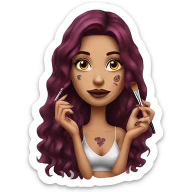 Beautiful tattooed burgundy long haired woman doing her makeup sticker