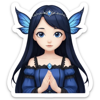 Gothic anime fairy with long beautiful black hair and dark blue dress, pastelcore, sticker