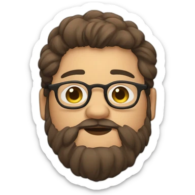Chubby, non binary, round glasses, attached long brown hair, beard, sleepy smiling sticker