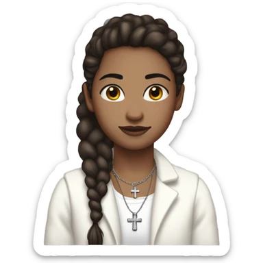 Person, pale white skin, dark brown eyes, brown ponytail, silver cross necklace,fluffy white jacket, white tank top, freckles sticker