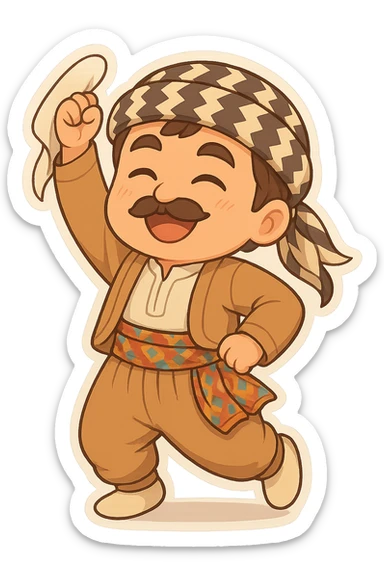 Create a chibi Kurdish cartoon sticker based on the reference image, showing a proud (confident) expression, with a transparent background. sticker