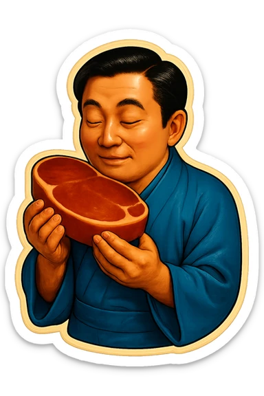 A Japanese man in traditional kimono with a loving look holds a steak in his hands, preparing to eat it sticker