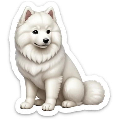 cinematic-[samoyed]-realistic-full-body-sitting-emoji,-tail-resting-loosely-beside-its-paws,white eyes-head-tilted-dramatically, -fluffy-[white]-fur,-simplified-yet-realistic-focused-features,-highly-detailed,-glowing-with-an-almost-sarcastic-glow sticker