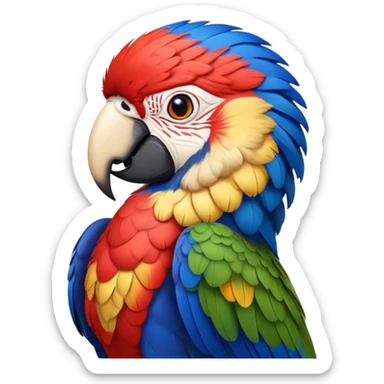 Cinematic Realistic Noble Macaw Portrait Emoji, Poised and majestic, with a robust, vibrant build and meticulously detailed plumage in scarlet, deep blue, and touches of gold, a strong, curved beak and piercing, intelligent eyes, rendered with lifelike feather texture and natural lighting, high shine, commanding and regal, styled with an air of tropical authority, focused and attentive, soft glowing outline, capturing the essence of a watchful and confident macaw that appears ready to soar out of the screen with effortless splendor! sticker