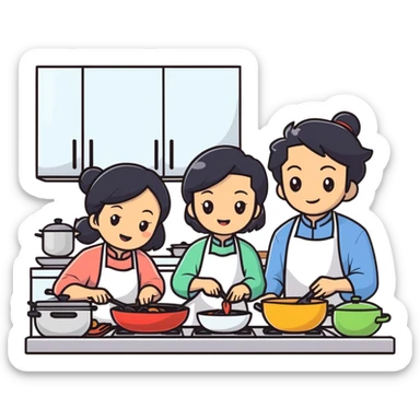 East Asian family with black hair cooking together in the kitchen sticker