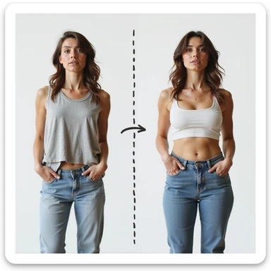 adult woman, photorealistic, two side-by-side photos: one with loose clothes and one with tight clothes, dashed line connecting the two images, puzzled expression, neutral background, concept of weight fluctuation sticker