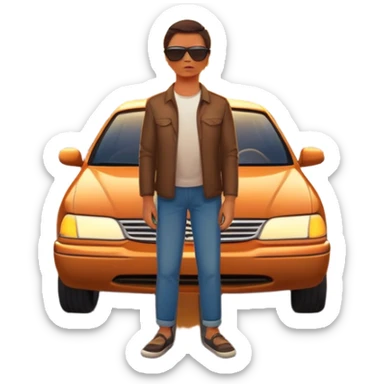 A person stands outside of a parked car on the side of a long, open road. They’re facing forward, gazing at a glowing sunset in the distance. The road stretches far ahead, symbolizing possibilities and new directions.  sticker