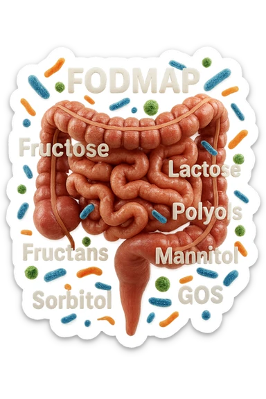intestino umano anatomico con parole FODMAP CHE GLI FLUTTUANO INTORNO INSIEME A BATTERI INTESTINALI, iperrealistica 4k sticker
