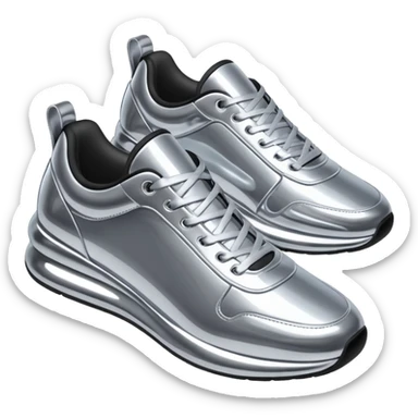 A pair of futuristic sneakers emoji made of silver chrome, sleek streetwear design, smooth metallic panels, subtle reflections, luxury swag aesthetic, iOS emoji style, centered, clean white background sticker