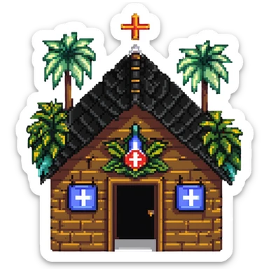 Thai hospital with traditional ornate roof, medical symbol, tropical plants sticker