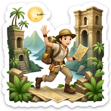 An icon featuring an adventurer in a dynamic action pose, with treasure maps, ancient ruins, and jungle landscapes in the background. The design includes clues, hidden passages, and climbing gear, symbolizing the thrill of exploration and discovery. Transparent background. sticker