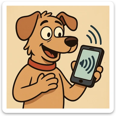 cartoon dog holding a smartphone with sound waves, symbolizing a dog translator app sticker
