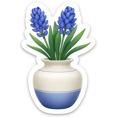 A small white ceramic vase holding a delicate blue hyacinth with soft green leaves — simple, elegant, and calming in a cozy, minimalist style. sticker