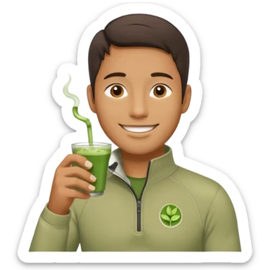Guy chilling with a quarter zip and matcha tra sticker