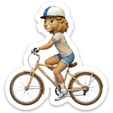 confident anthropomorphised female lion wearing a baseball shirt, jeans, trainers, and a cycling helmet, riding a bicycle sticker