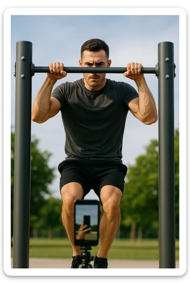 uomo che fa Muscle up e si sta filmando davanti con il telefonino per vedere la sua posizione dei gomiti e delle mani sulla sbarra sticker